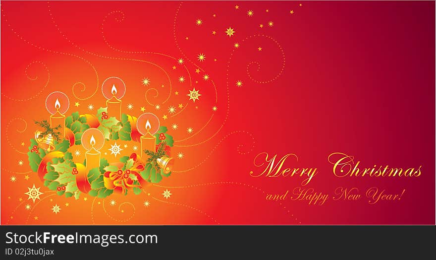 Christmas Greeting Card With Wreath And Ca