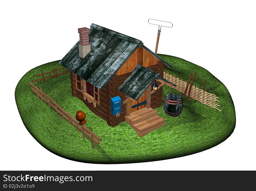 There is a picture of log cabin in-field