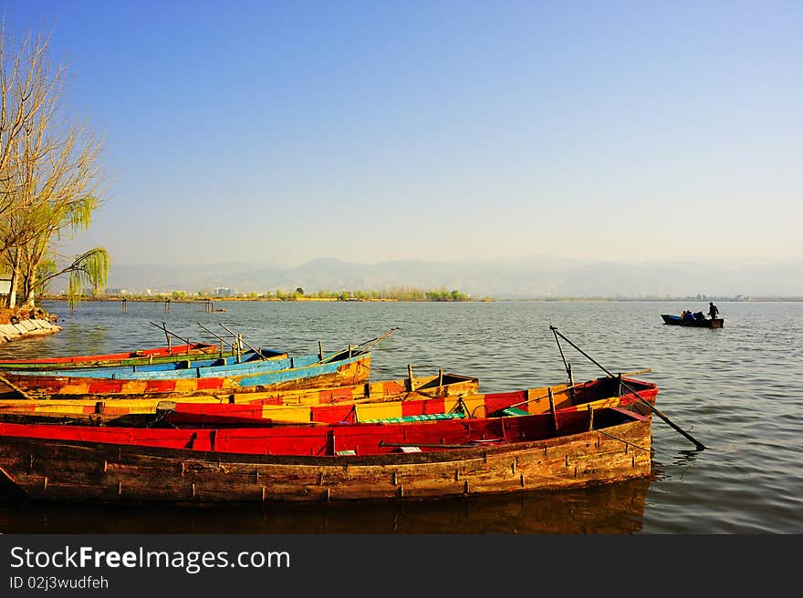 Wooden boat in lake