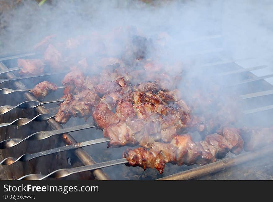 Shish kebab in smoke on big chargrill