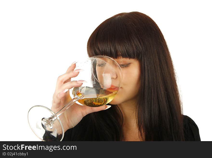 The girl drinks wine on white a background