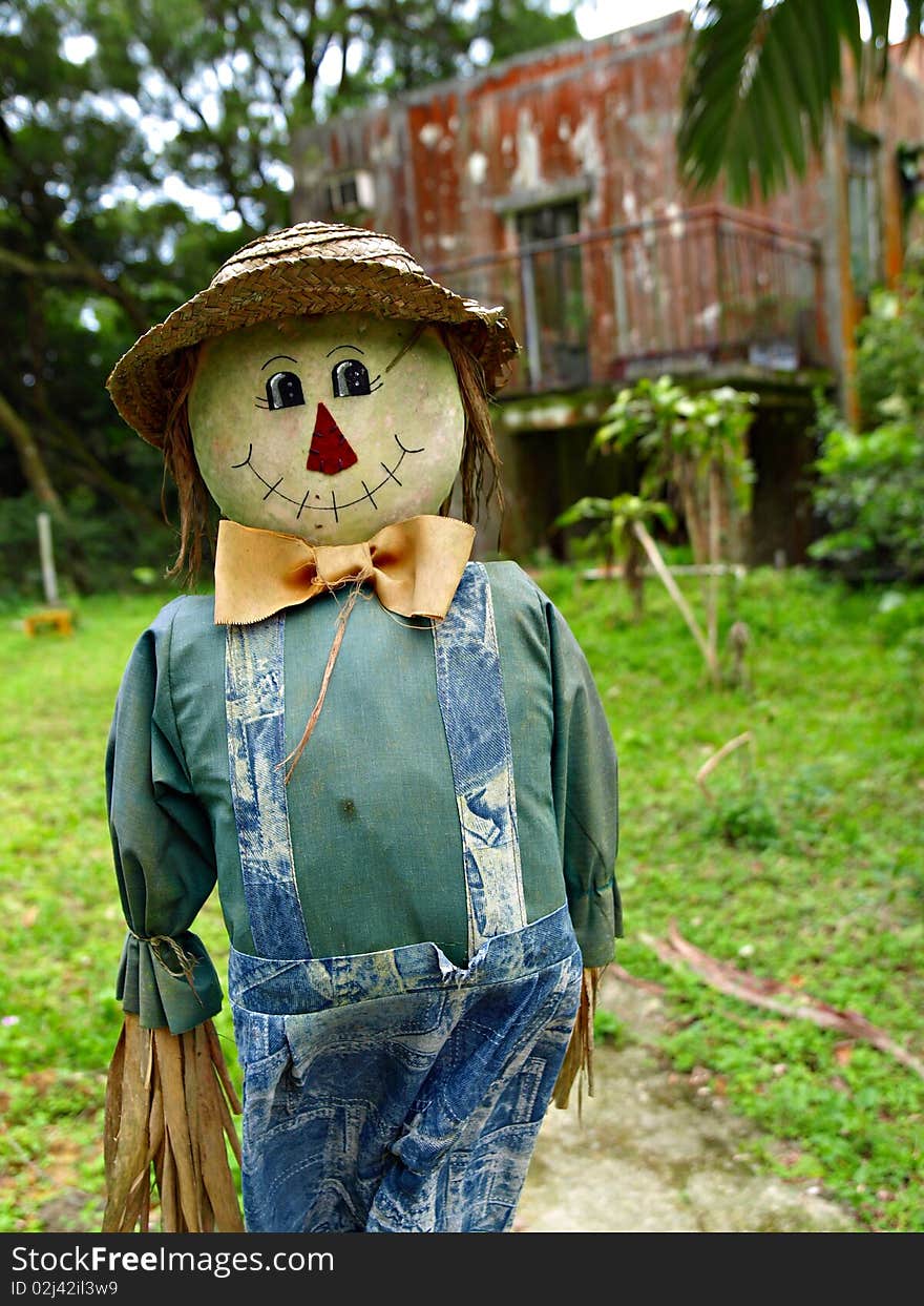 Smiling handmade cloth scarecrow doll standing in green field. Smiling handmade cloth scarecrow doll standing in green field