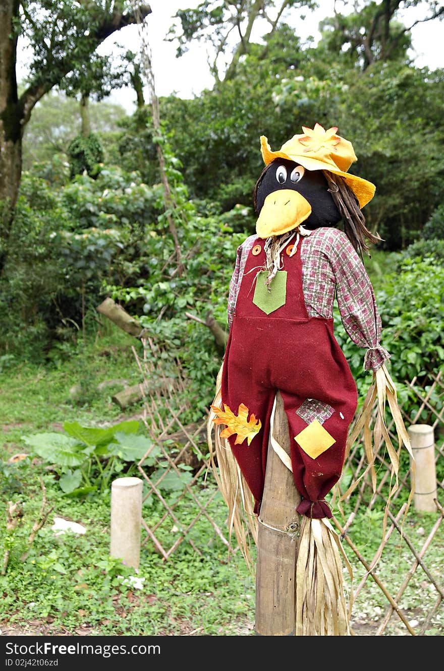 Smiling Scarecrow Standing In Green Field