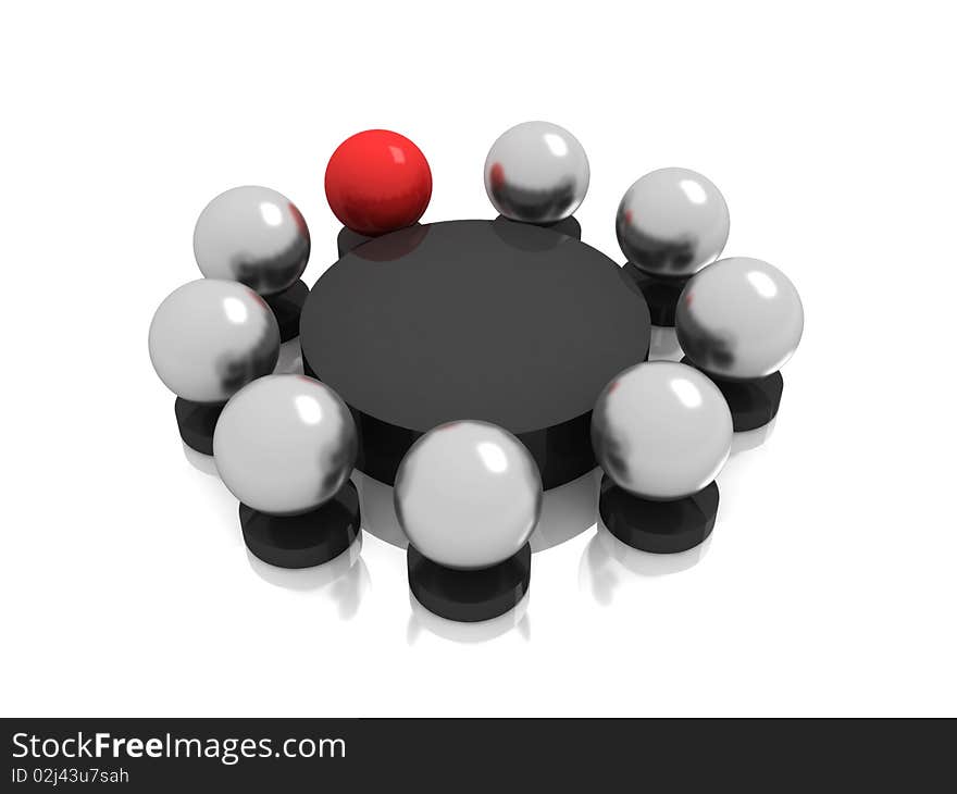 Business meeting. Grey and red spheres at the table isolated on white background. High quality 3d render.