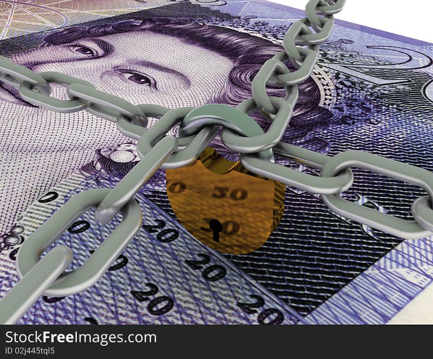 Safe money. Pound sterling bill and crossed chains with lock. High quality 3d render.