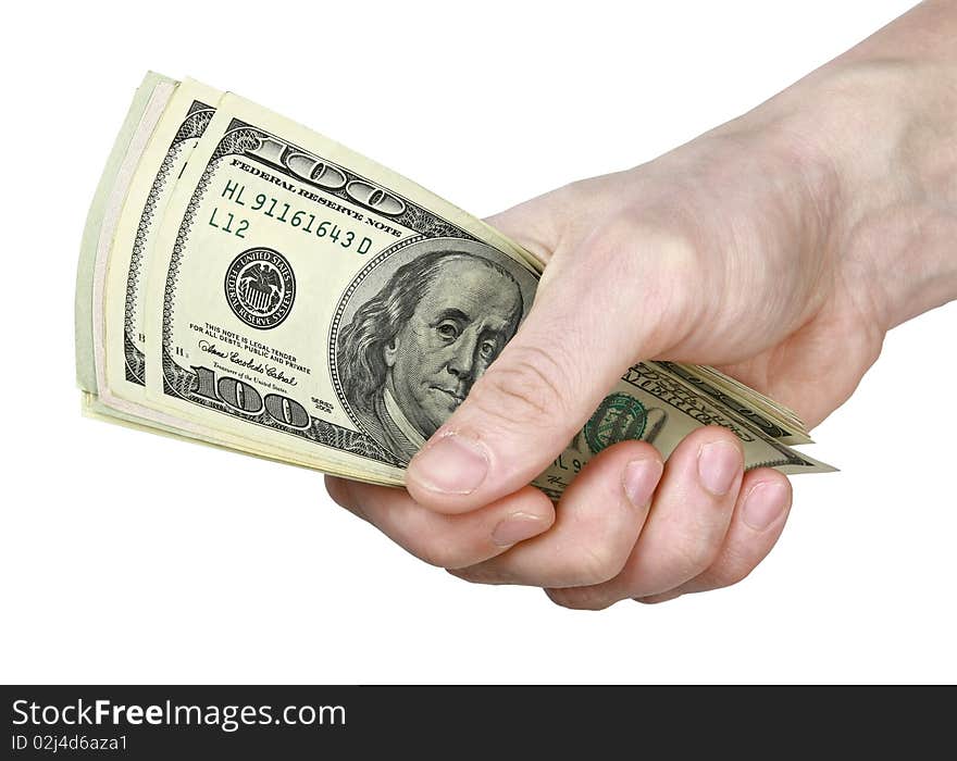 Mail hand holds dollar bills on white