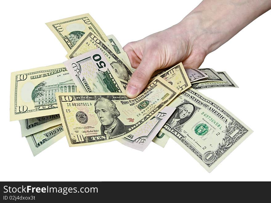 Mail hand holds dollar bills on white