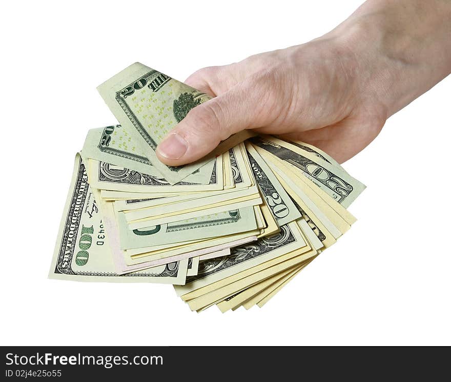 Mail hand holds dollar bills on white