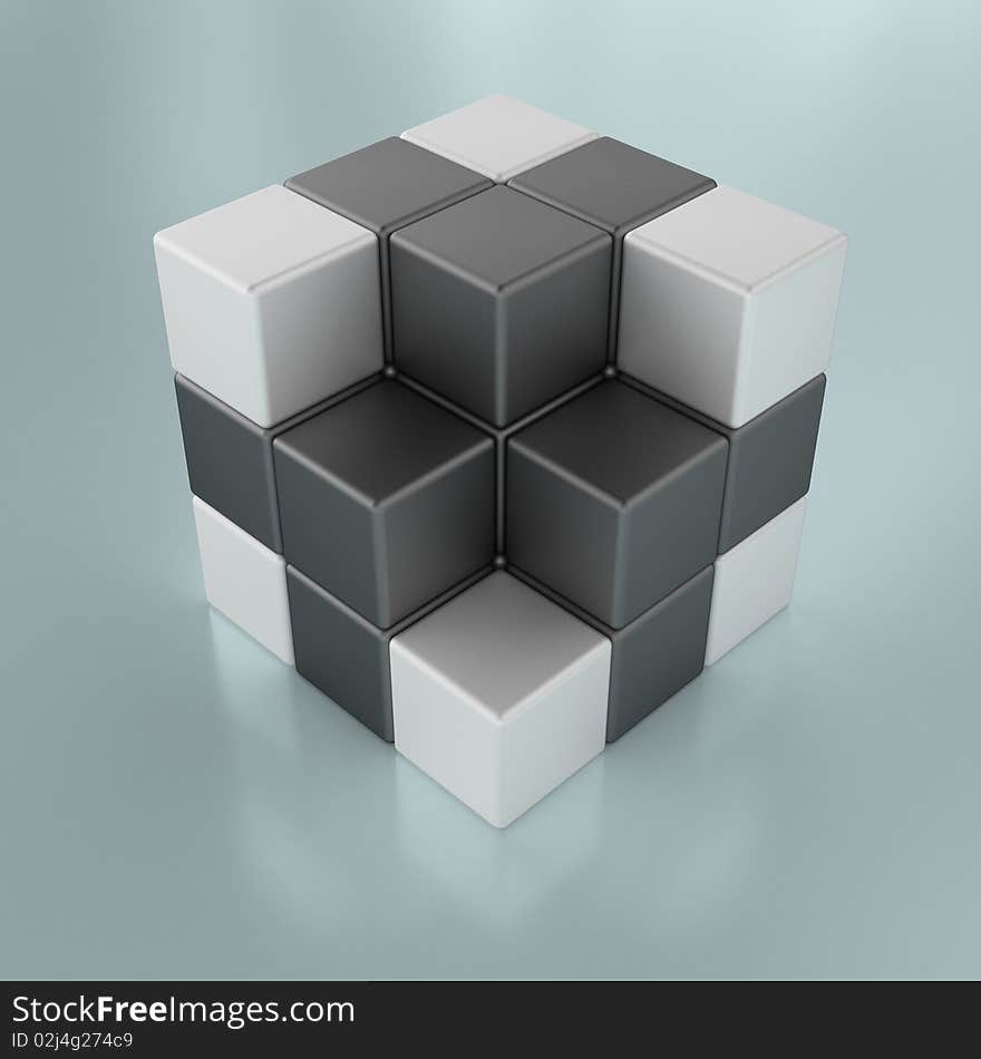 Several metal cubes, black and white. Several metal cubes, black and white