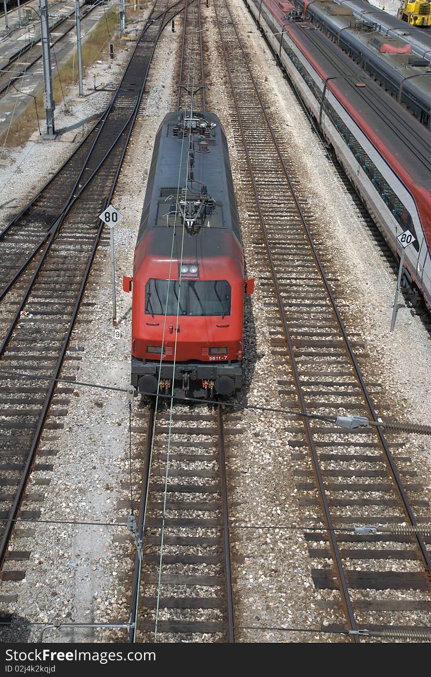 Electric locomotive on the tracks