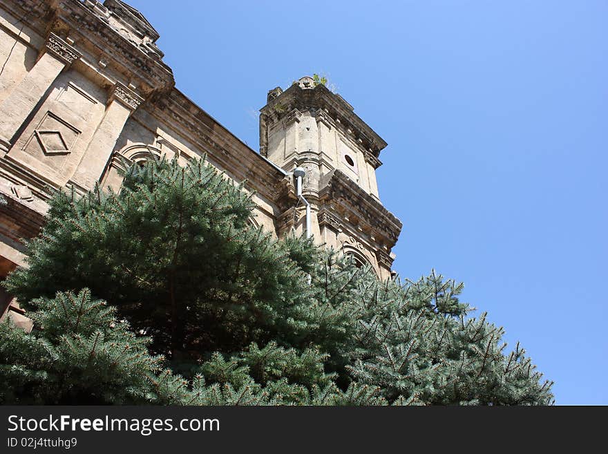 Building on the blue background