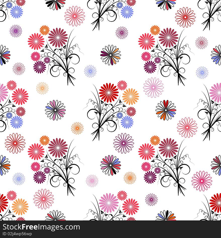 Seamless floral pattern with curls and bouquets