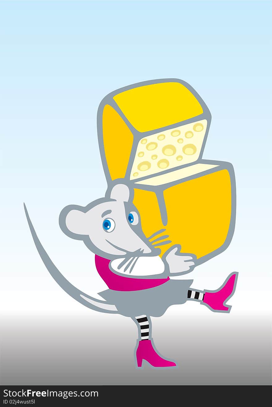 Funny mouse, carrying a piece of cheese, conventionalized image, illustration