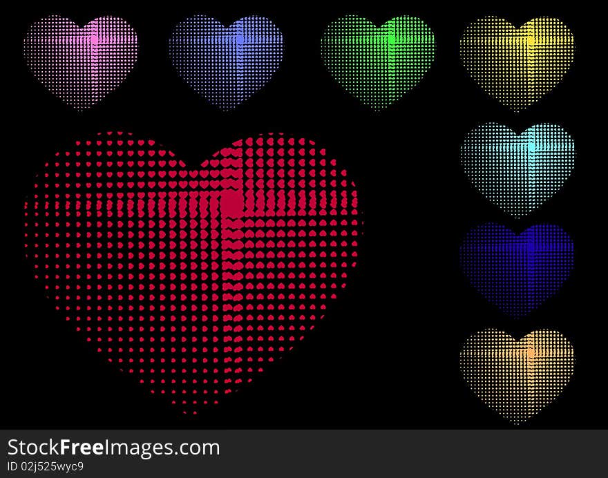 Multi-coloured hearts on black background. Multi-coloured hearts on black background