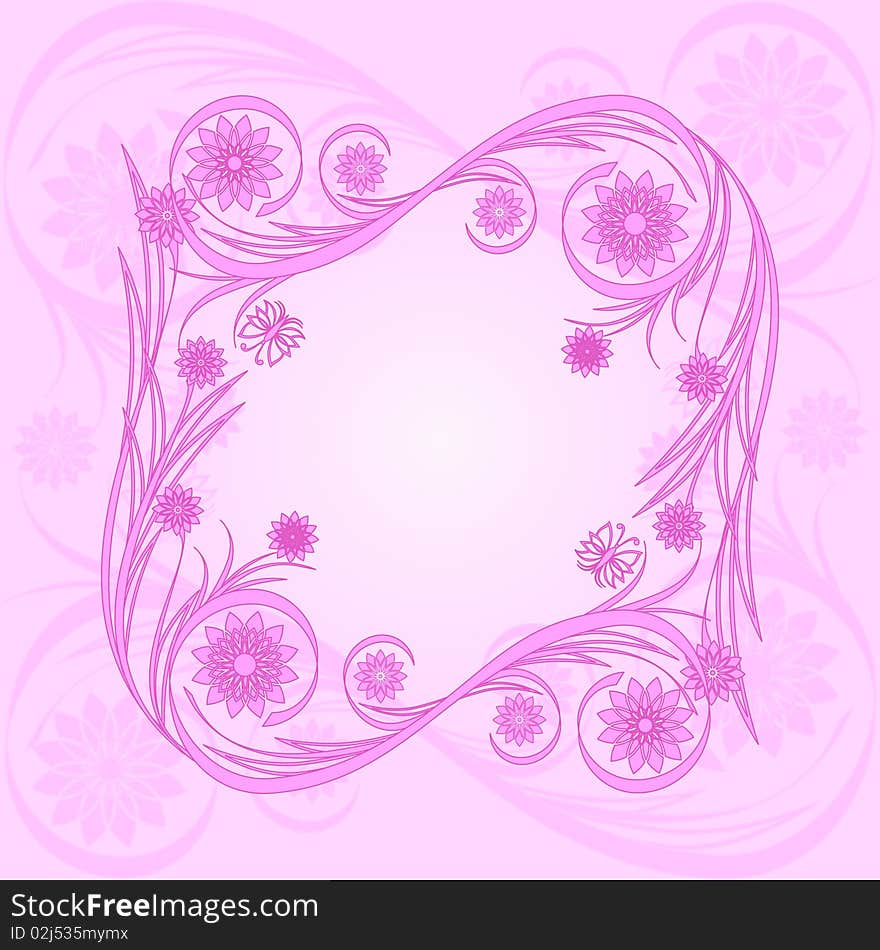 Vector illustration of a floral frame with butterflies on a pink background. Vector illustration of a floral frame with butterflies on a pink background