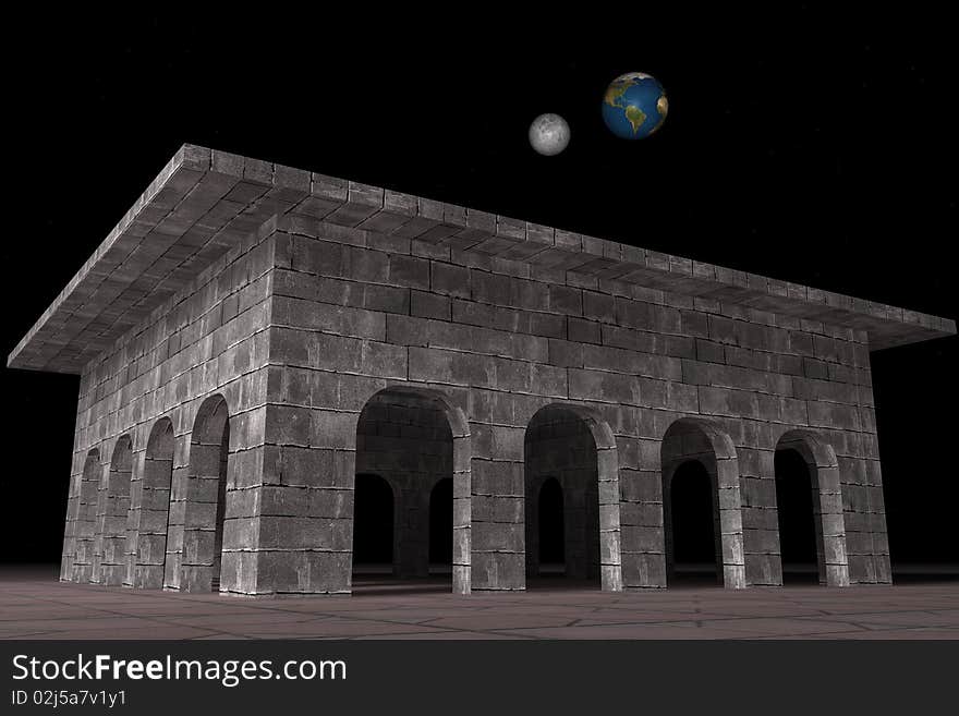 Three dimensional mystic building with eart and moon