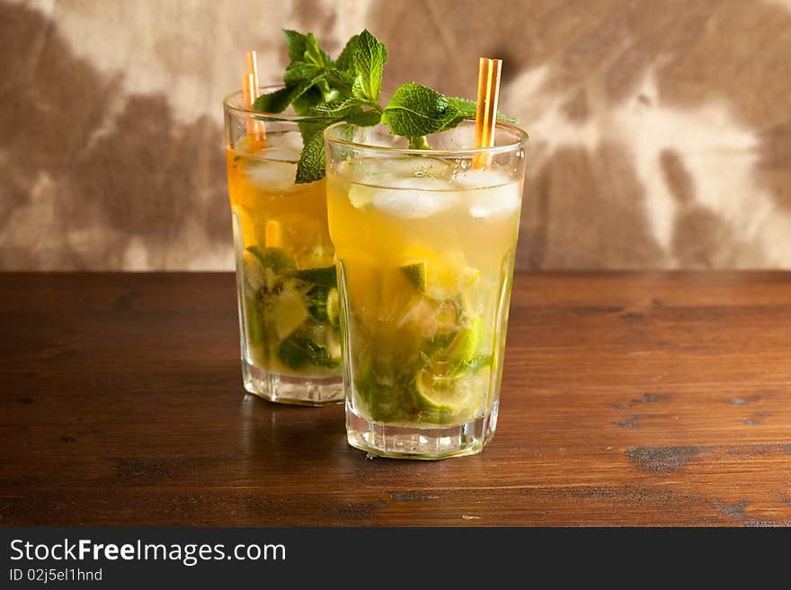 Photo of cuban mojito cocktail with brown sugar and mint