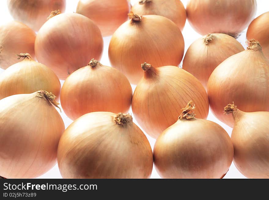 Group of onions placed together on white background