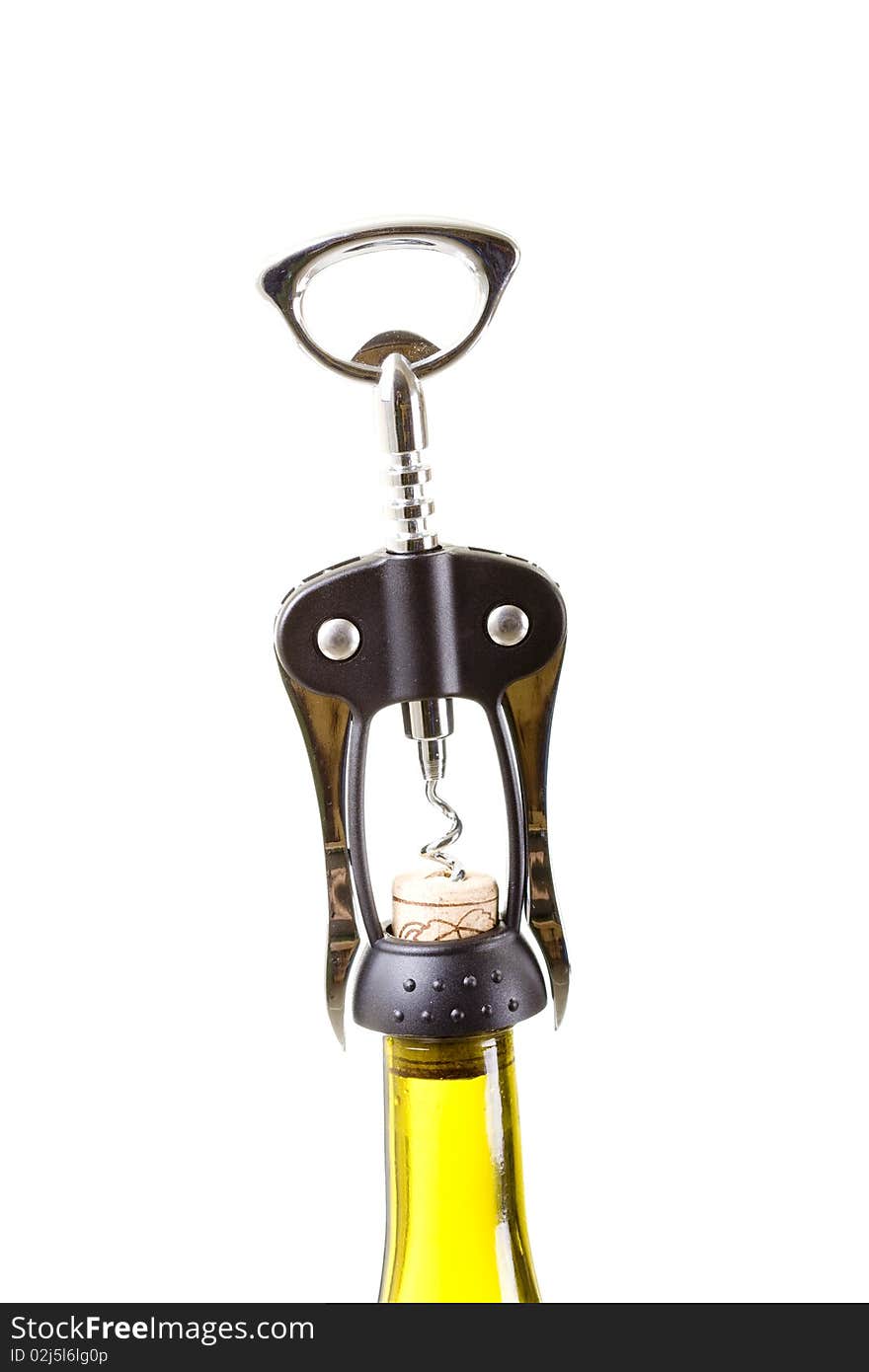 Corkscrew and green wine bottles. Corkscrew and green wine bottles