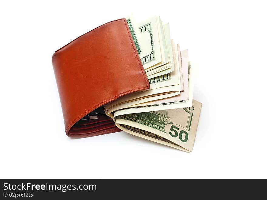 Dollar notes and brown wallet isolated on white. Dollar notes and brown wallet isolated on white