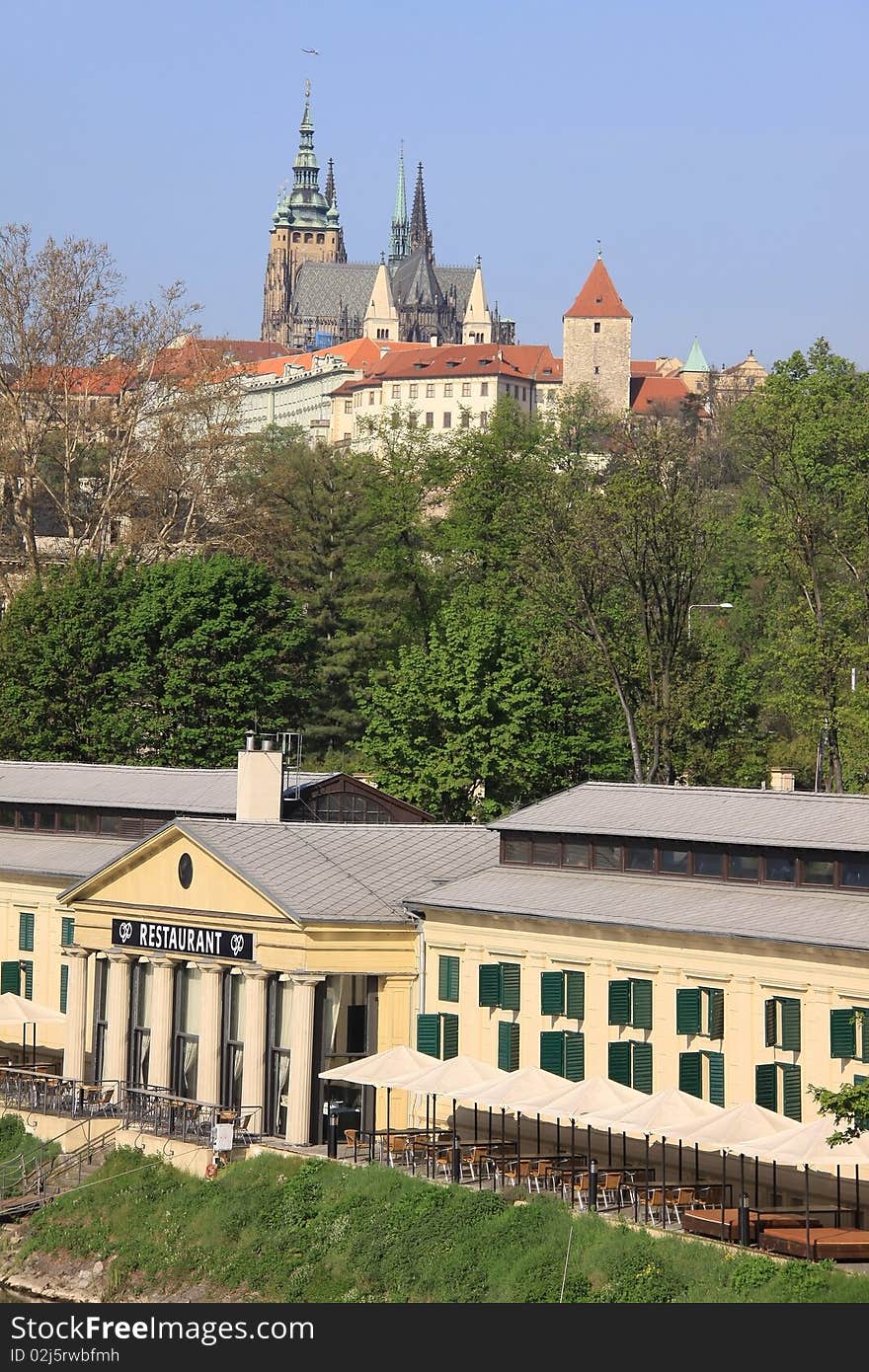 The View on spring Prague's gothic Castle above River Vltava