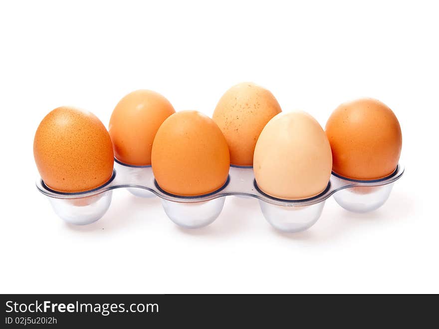 Row from eggs isolated on white background