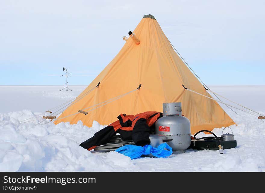 Yellow tent and camping equipment. Yellow tent and camping equipment