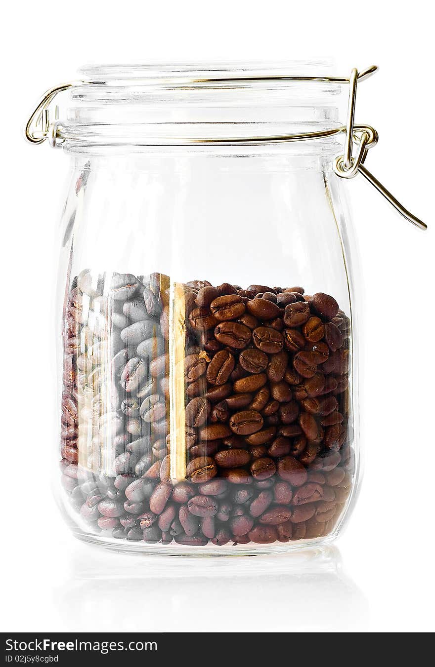 Coffee beans in a cristal jar on a white background