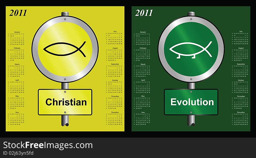 2011 calendars with Christian and Evolution themes