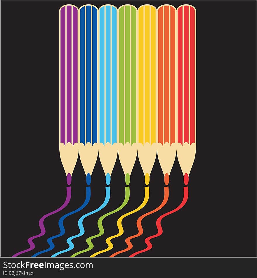 Seven pencils on black background