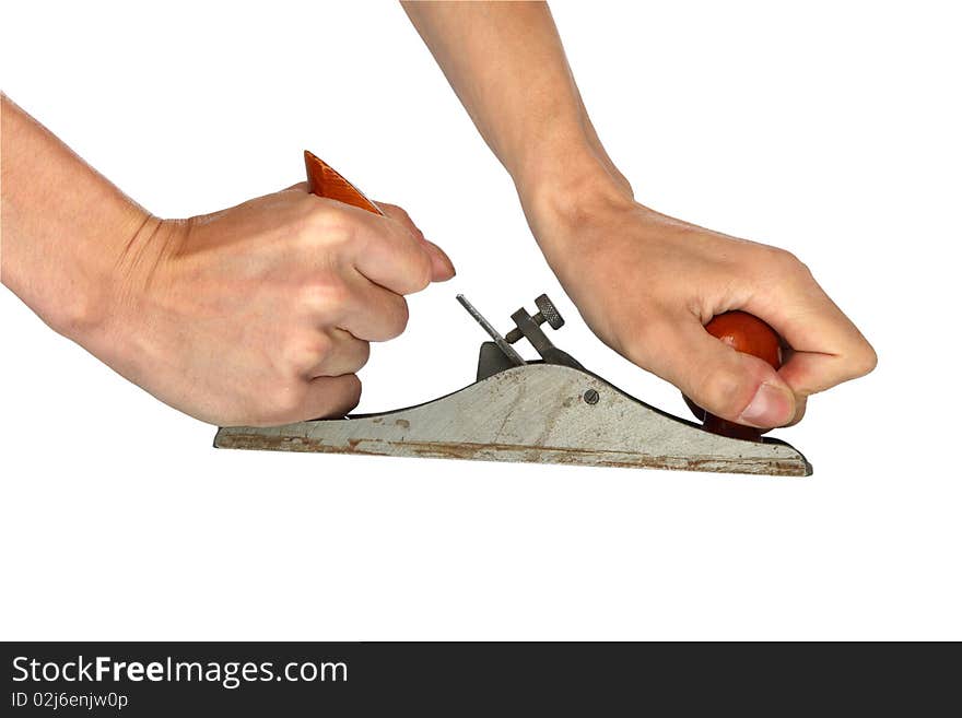 Man's hand with old plane, closeup isolated background