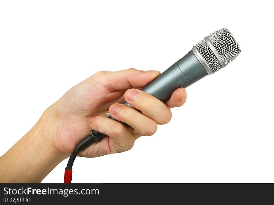 Man's hand with microphone , closeup, isolated background