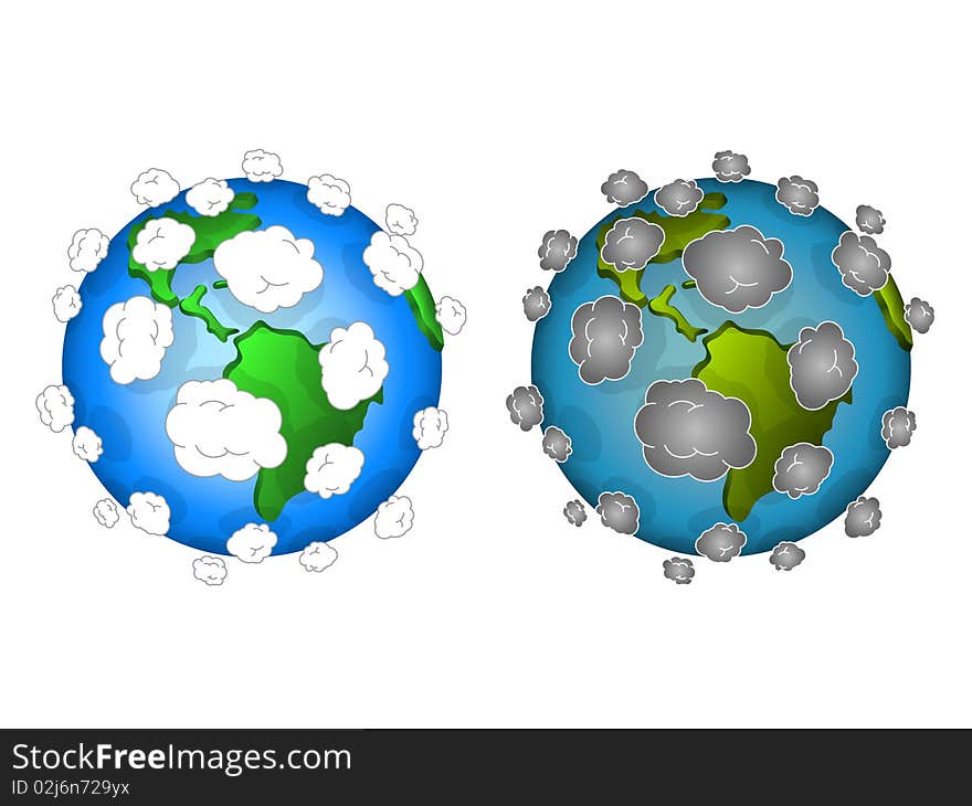 Earth with clear white clouds, dirty Earth with dark clouds. Earth with clear white clouds, dirty Earth with dark clouds