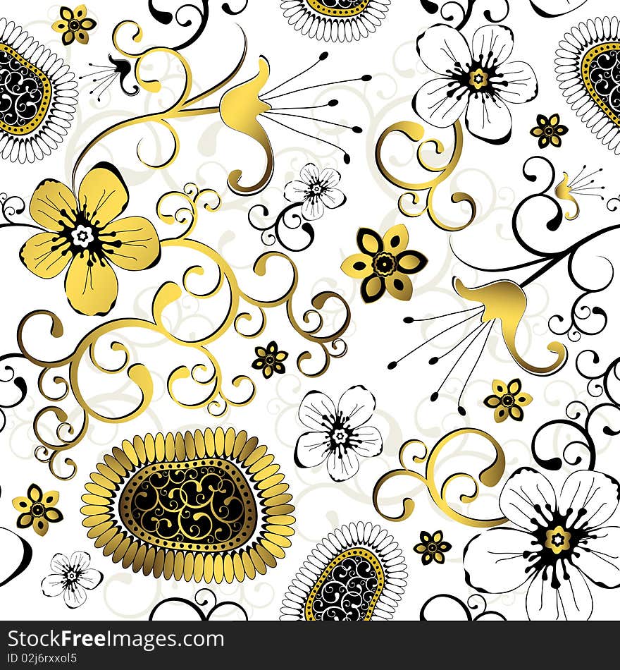 Seamless white floral pattern with black and golden curls. Seamless white floral pattern with black and golden curls