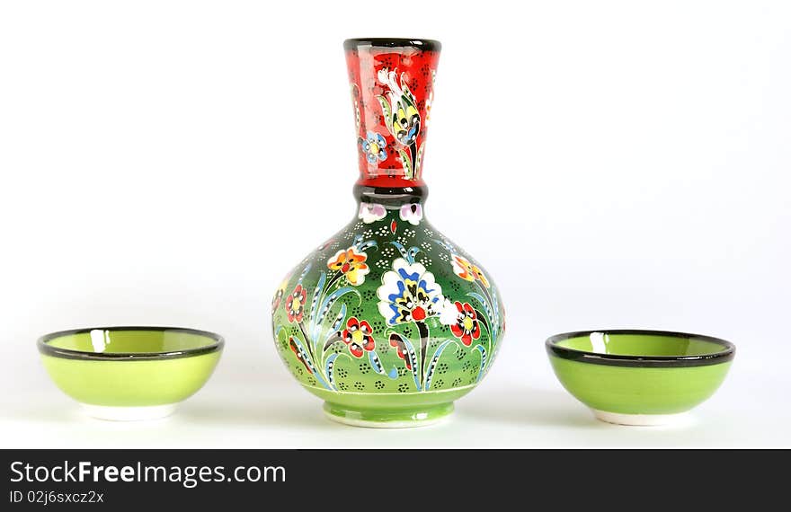 Ceramic vase with traditional oriental patterns, isolated on a white background