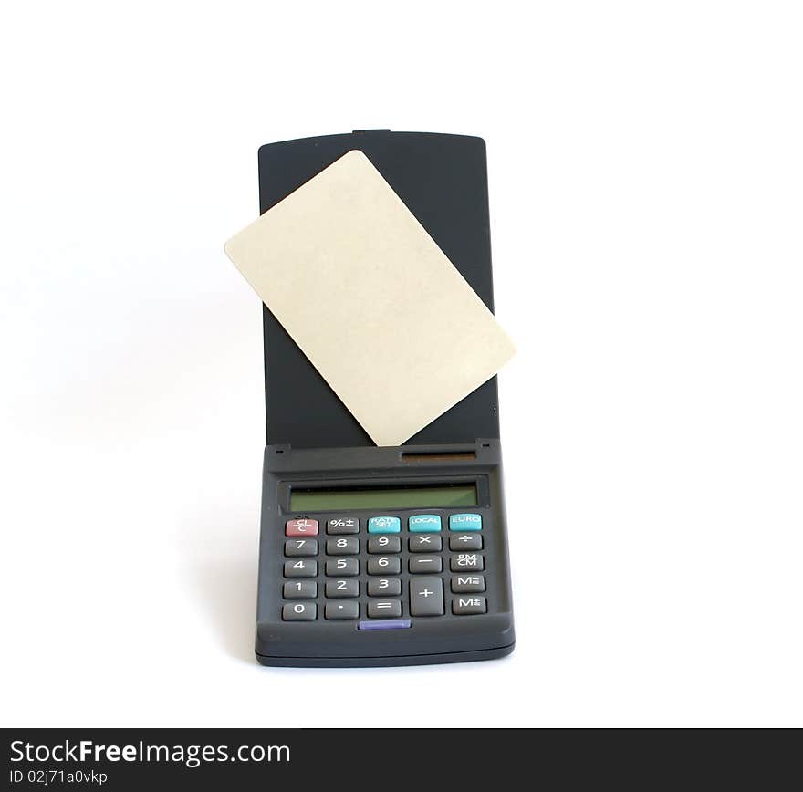 Calculator with a credit card without a picture on a white background