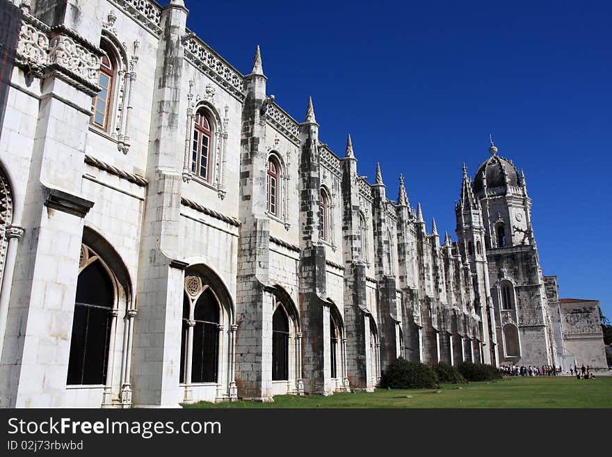 View of the beautiful landmark Mosteiro dos Jerónimos in Lisbon, Portugal.