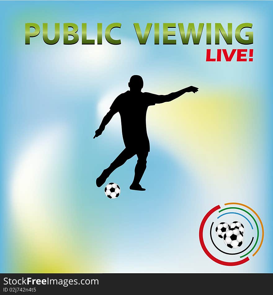 Public viewing announcement on the blue background with footballs and football player. Public viewing announcement on the blue background with footballs and football player.