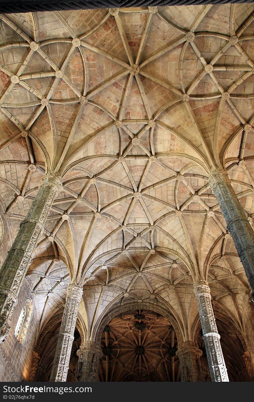 Interior view of the landmark Mosteiro dos Jerónimos in Lisbon, Portugal.