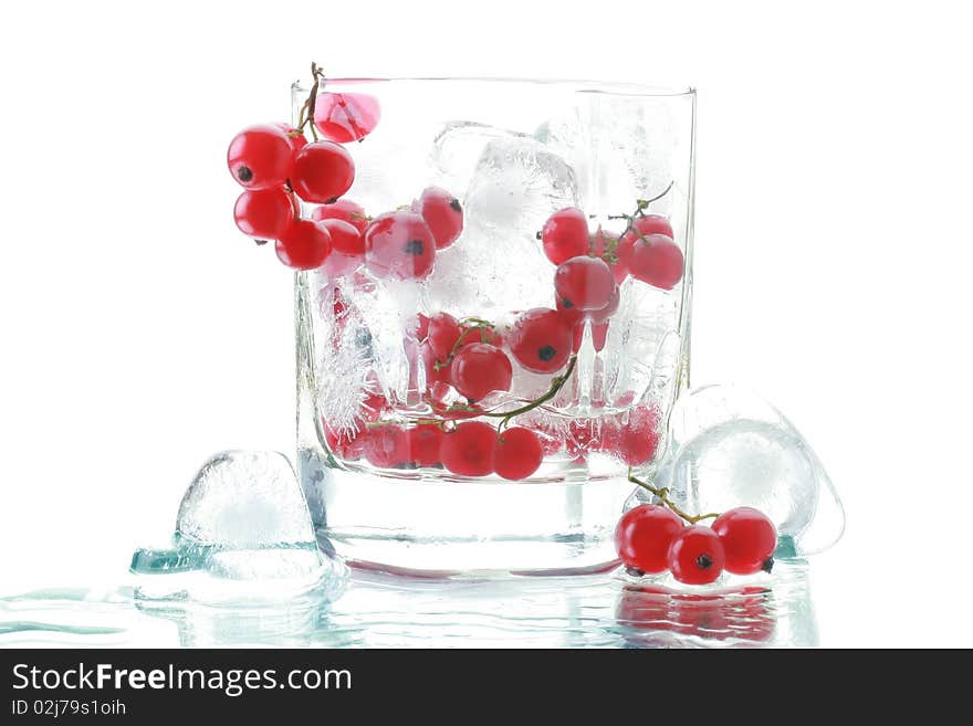 Red currant in the glass with an ice. Isolated on white background. Red currant in the glass with an ice. Isolated on white background