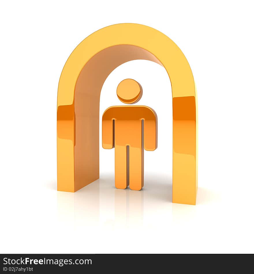 Illustration of business guy under orange arch. Illustration of business guy under orange arch