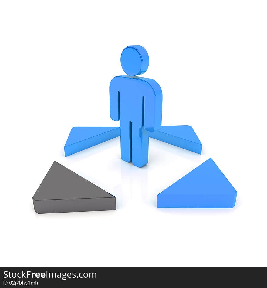 Illustration with blue business guy and arrows. Illustration with blue business guy and arrows