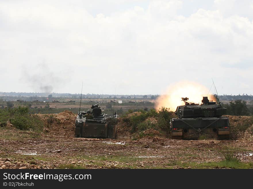 Live fire exercise with the Leopard 2A6 Tank. Firing range show.