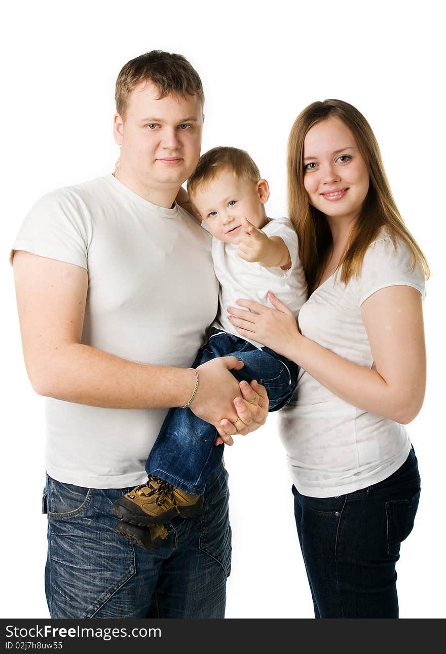 Parents with child on hands isolated on white. Parents with child on hands isolated on white