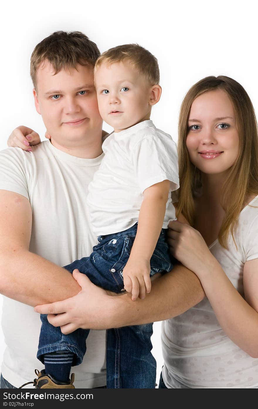 Parents with child on hands isolated on white. Parents with child on hands isolated on white