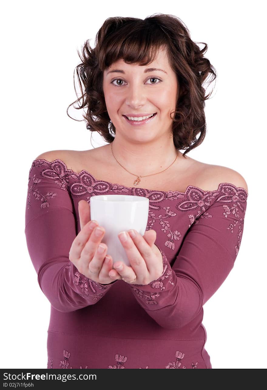 Closeup protrait of beautiful college girl drinking coffee, holding a cup. Isolated on white background. Closeup protrait of beautiful college girl drinking coffee, holding a cup. Isolated on white background.