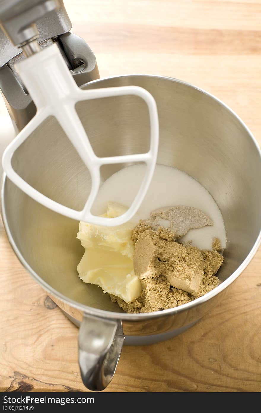 Cookie dough ingredients in mixer. Cookie dough ingredients in mixer