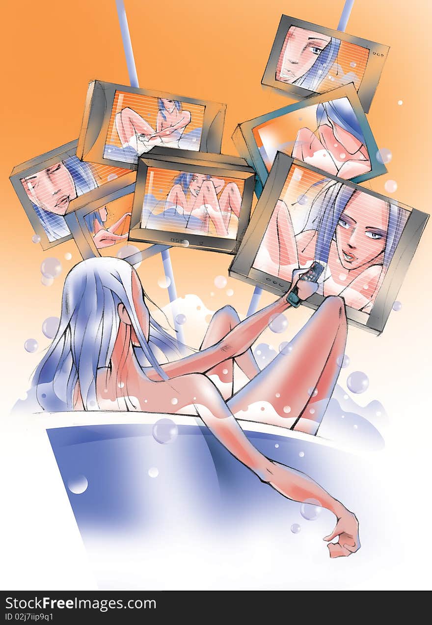 Naked girl looks at himself in a lot of monitors. Naked girl looks at himself in a lot of monitors