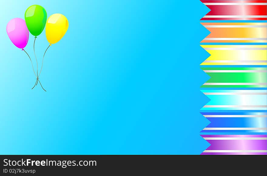 Vector-colored ribbons with balloons flying against a blue background. Vector-colored ribbons with balloons flying against a blue background