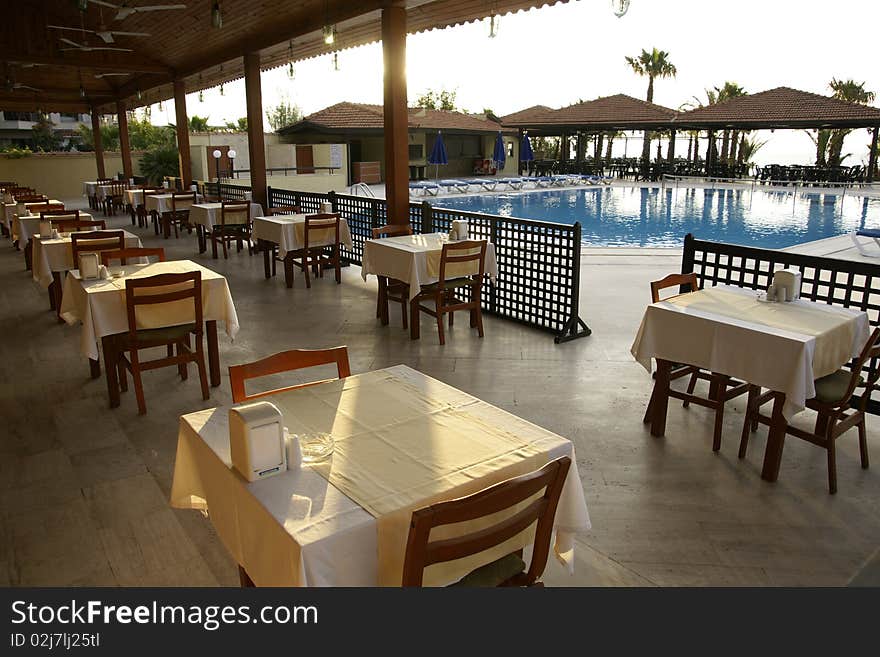 Hotel restaurant early in the morning without people. Hotel restaurant early in the morning without people